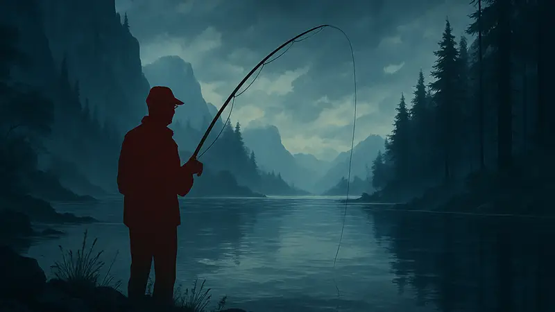 Обложка игры «About Fishing» с таинственным пейзажем и удочкой