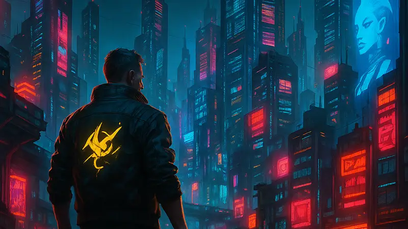 Футуристический пейзаж Найт-Сити из Cyberpunk 2077 с неоновыми огнями и высокими зданиями.