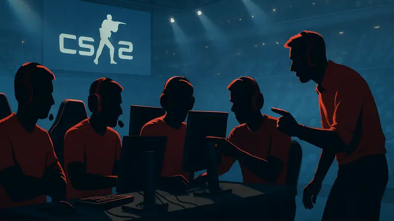 Команда 3DMAX по Counter-Strike 2 обсуждает тактику на киберспортивном турнире.