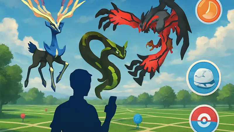 Скриншот из Pokémon Go с несколькими легендарными покемонами и элементами интерфейса события "Дорога в Калос"