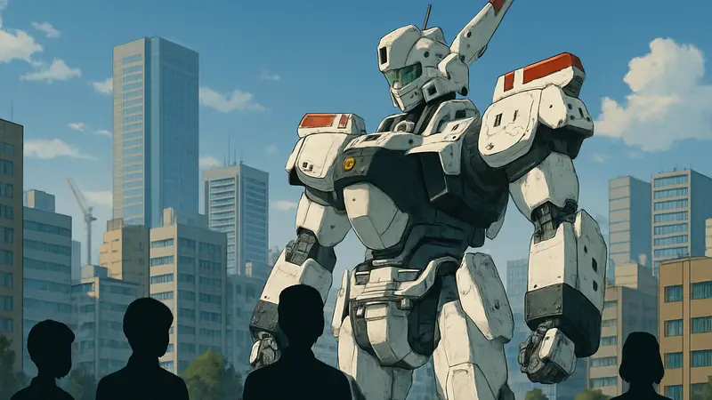 Мехи из аниме Mobile Police Patlabor на фоне городского пейзажа
