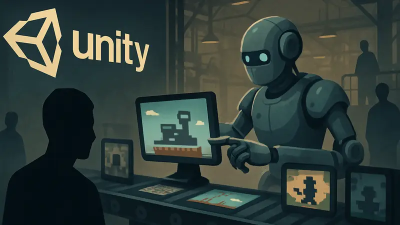 Логотип Unity с изображением робота, генерирующего низкокачественные игры на конвейере.