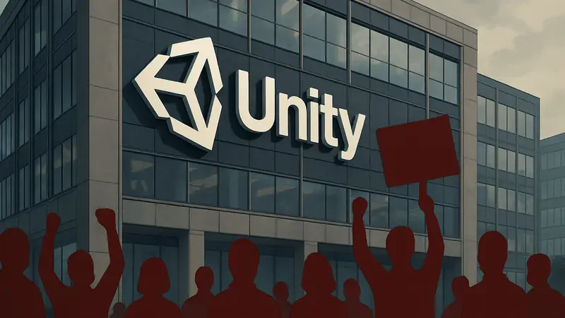 Логотип Unity на фоне офисного здания, символизирующий трудовой конфликт из-за сокращений.