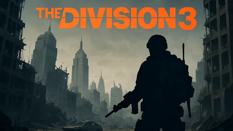 Логотип The Division 3 на фоне разрушенного города Нью-Йорка со спецназовцем.
