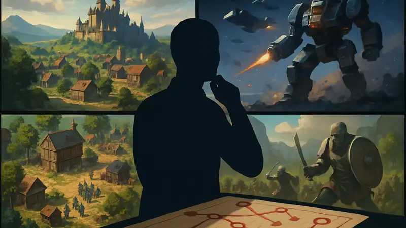 Коллаж из скриншотов или обложек различных стратегических игр, анонсированных на 2026 год, с элементами тактической карты.
