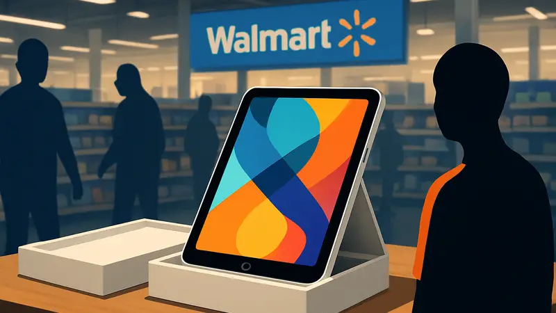 Открытая коробка iPad A16, лежащая на столе в магазине Walmart, символизирующая распродажу.