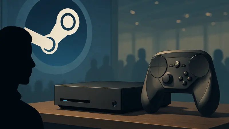 Логотип Steam Machine и консоль в современном дизайне с контроллером.