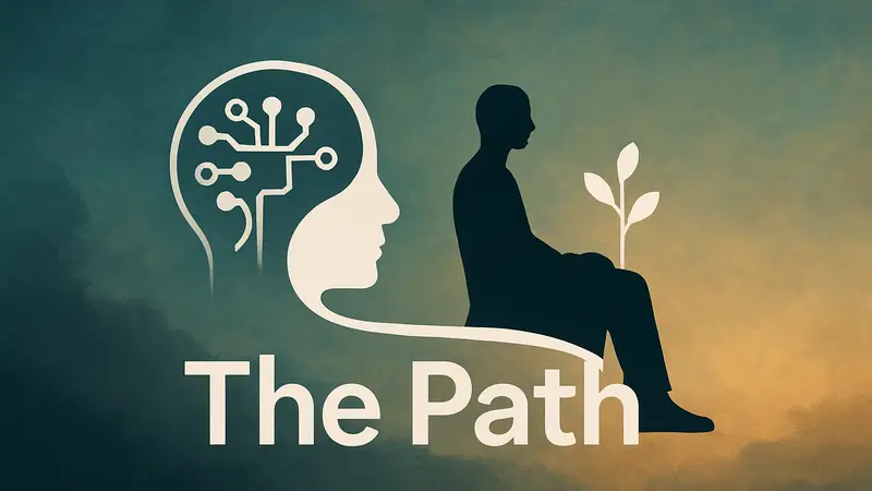 Логотип The Path с элементами, символизирующими ИИ и терапию, на фоне градиента