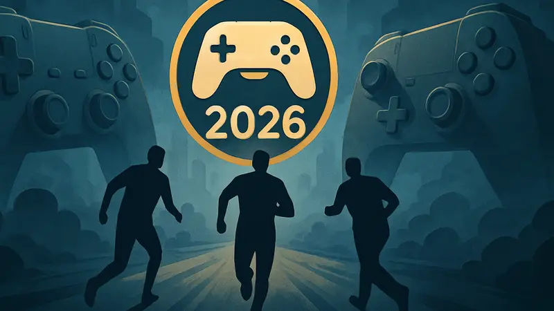 Логотип «Игра года» (GOTY) 2026 на фоне контроллеров, символизирующий начало гонки.