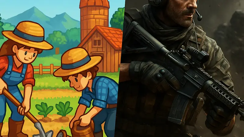 Скриншот из игры Stardew Valley, где два персонажа работают на ферме, рядом с логотипом Call of Duty.