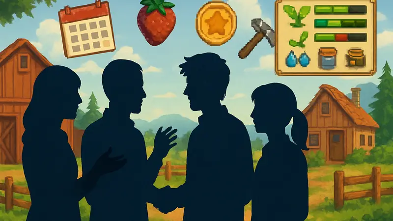 Группа моддеров Stardew Valley общается, вокруг них символы из игры и элементы пользовательского интерфейса модификаций.