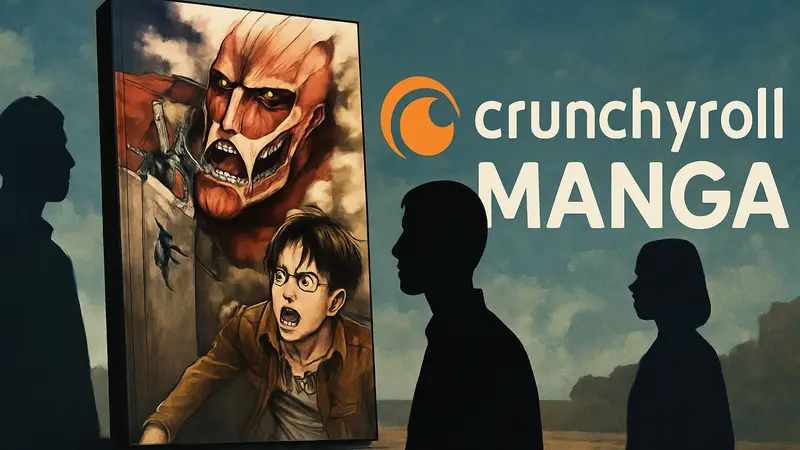Обложка манги «Атака Титанов» на фоне логотипа Crunchyroll Manga