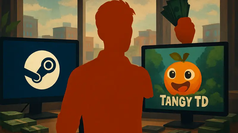 Изображение разработчика Cakez с логотипом Steam и игры Tangy TD, символизирующее успех инди-проекта.