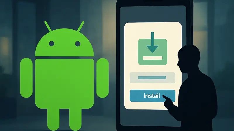 Логотип Android на фоне экрана смартфона с окном установки приложения, символизирующее sideloading.