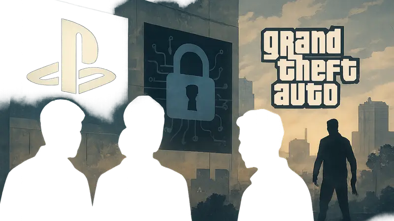 Логотипы PlayStation, Grand Theft Auto и ключевые заголовки новостей игровой индустрии.