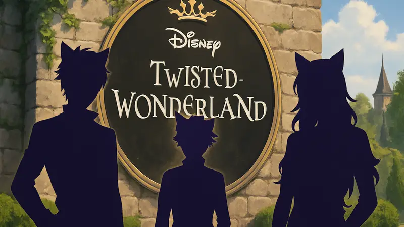 Кошкомальчики из второго сезона аниме Disney Twisted Wonderland на фоне логотипа.