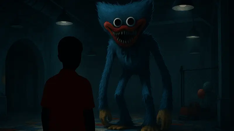 Мрачная атмосфера Poppy Playtime с игрушкой Хагги Вагги, намекающей на личность игрока