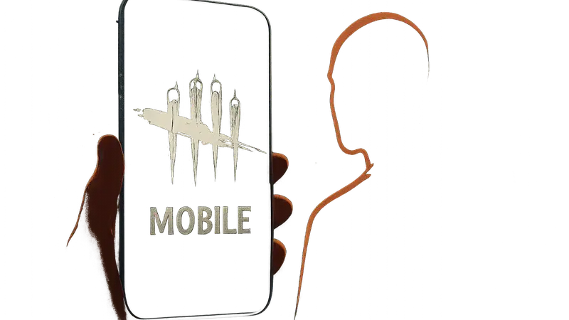 Логотип Dead by Daylight Mobile на фоне экрана телефона с элементами хоррора