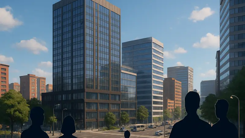 Игровой скриншот Cities Skylines 2 с новым офисным районом и городскими постройками.