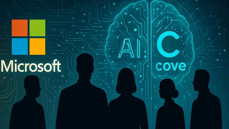 Сотрудники Microsoft и логотип стартапа Cove на фоне нейросетей и искусственного интеллекта.