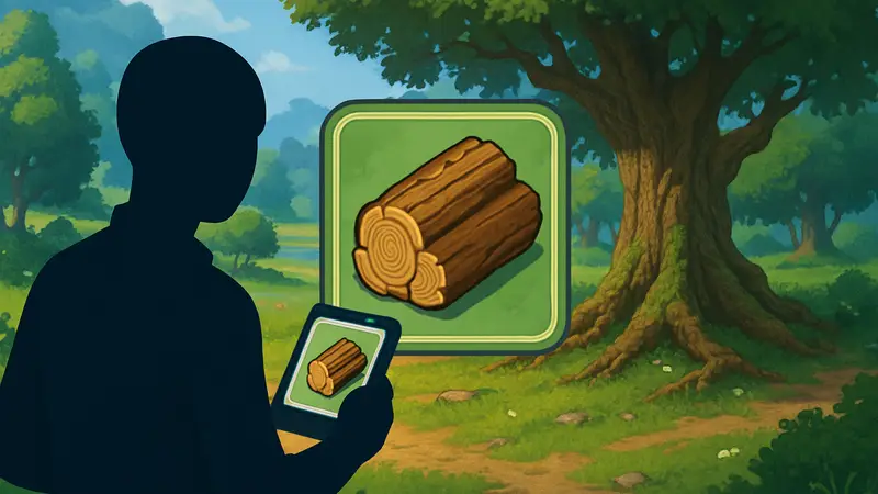 Игровой ресурс Roaming Oak Timber в инвентаре или на карте Heartopia, с изображением дубовой древесины.