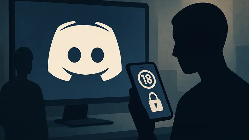 Логотип Discord на фоне экрана смартфона, тема верификации возраста и конфиденциальности