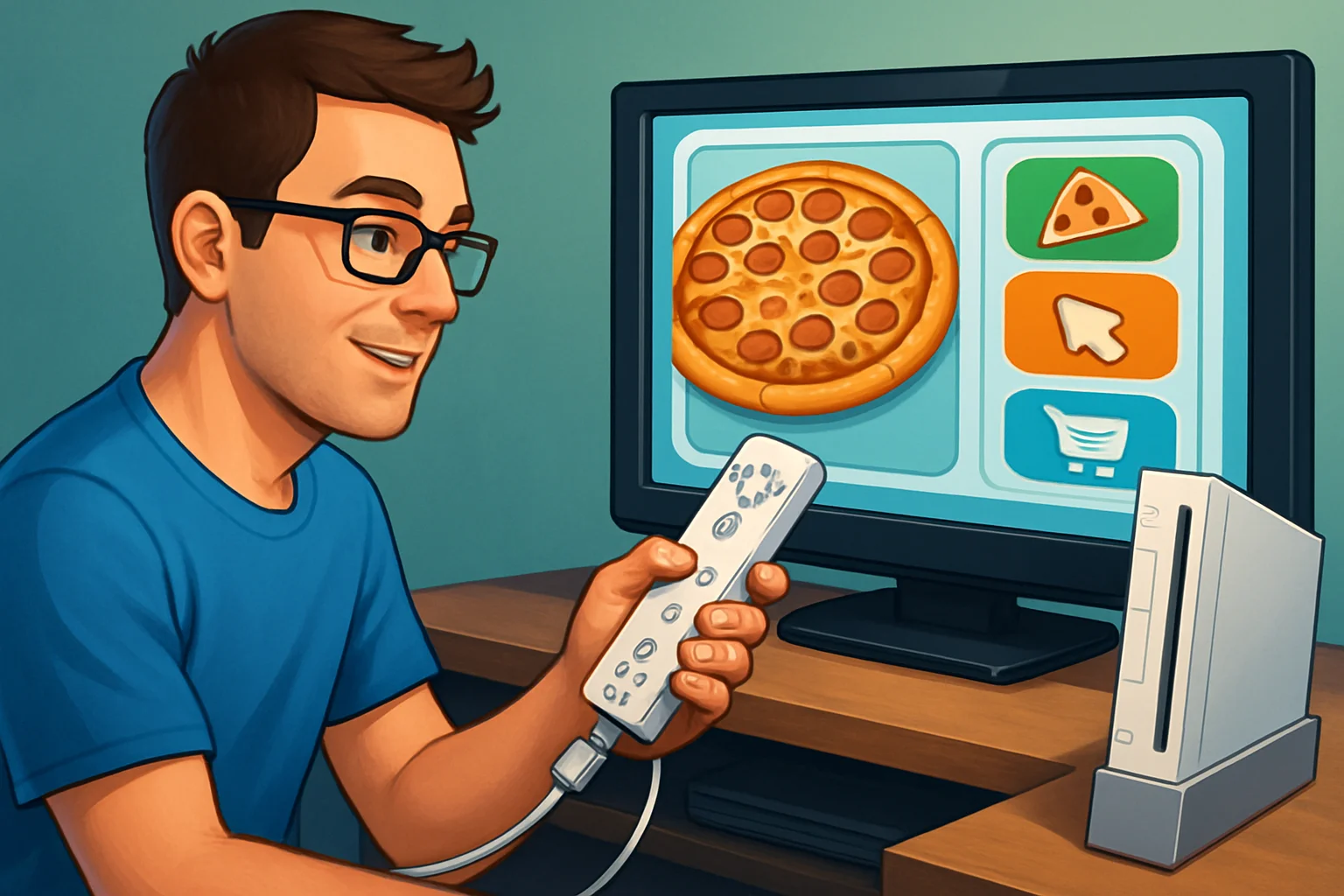 Ютубер держит контроллер Nintendo Wii, на экране консоли отображается меню заказа пиццы.