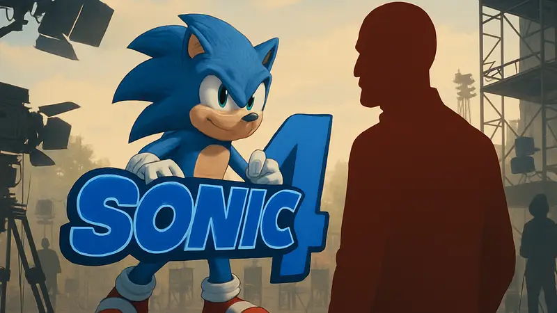 Логотип фильма "Соник 4" на фоне киносъемочной площадки, с изображением Соника и сэра Бена Кингсли.