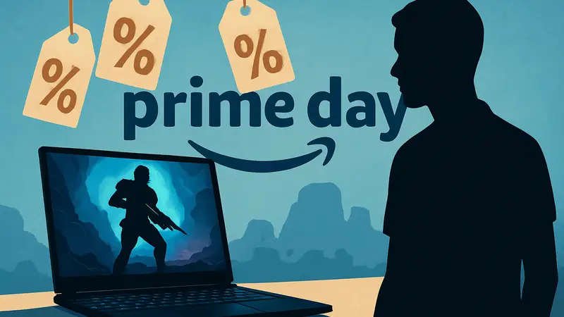 Игровой ноутбук с включенным экраном на фоне логотипа Amazon Prime Day со скидками.
