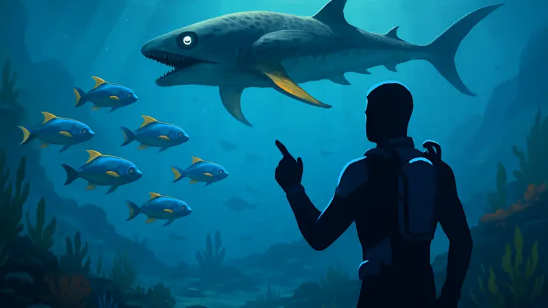Игровой персонаж в Subnautica 2 наблюдает за морскими обитателями, обсуждается механика убийства рыб.