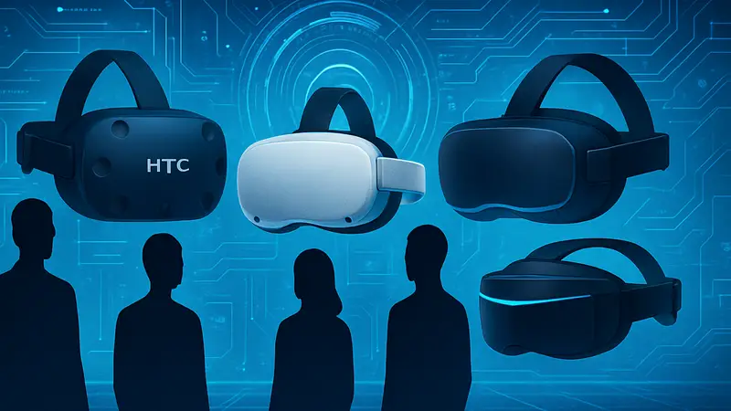 Футуристические VR-гарнитуры разных производителей (HTC, Meta, Pico, Pimax) на технологичном фоне.