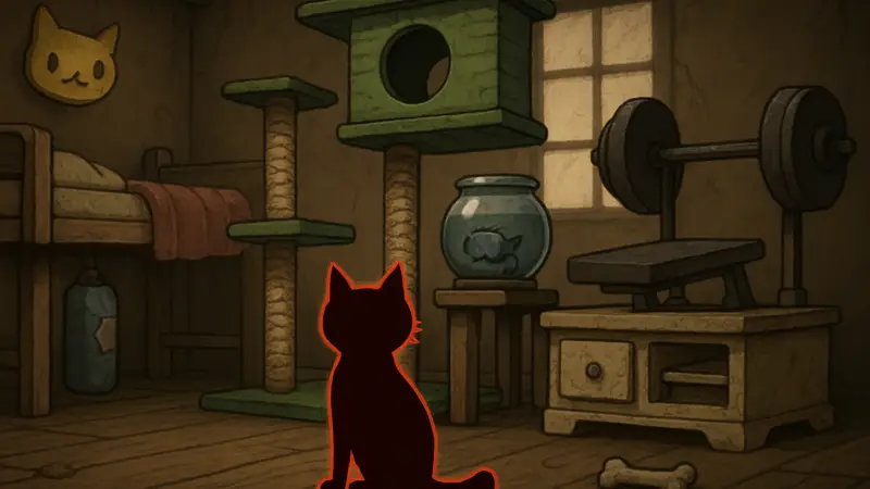 Интерьер Mewgenics с котом и мебелью, улучшающей характеристики.