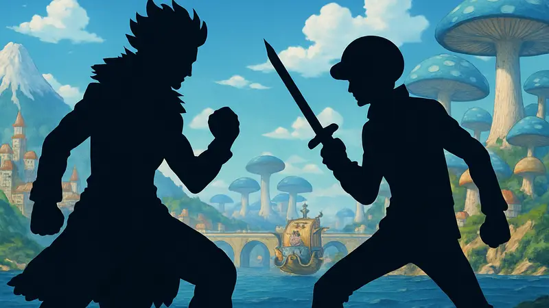 Персонажи Кид и Ло из One Piece, готовящиеся к сражению, на фоне мира Финальной Саги.