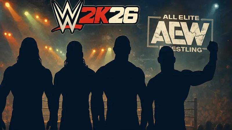 Обложка WWE 2K26 с рестлерами AEW или логотипы WWE/AEW.