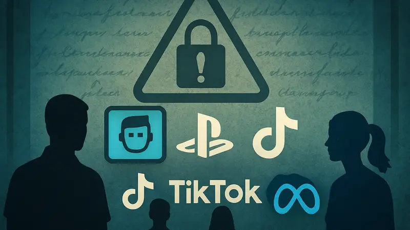 Логотип Yoti рядом с логотипами PlayStation, TikTok и Meta на фоне предупреждения о конфиденциальности данных.