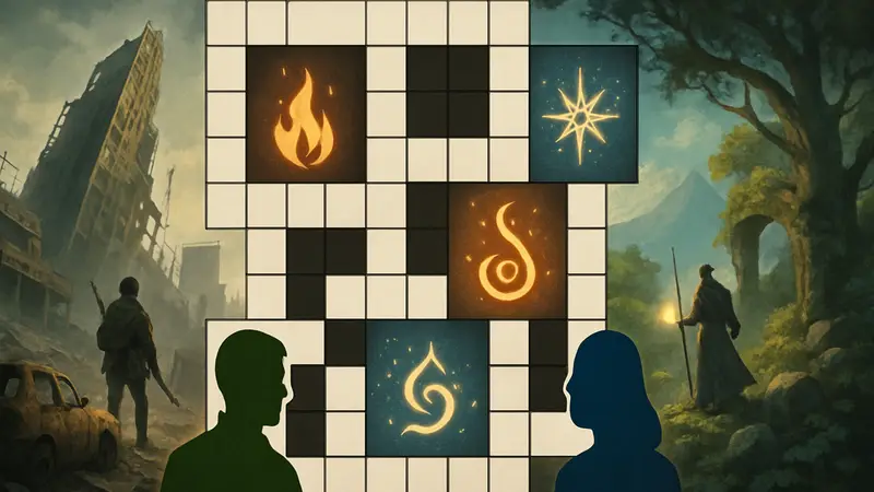 Кроссворд Game Rant с изображениями постапокалиптических пейзажей и магических символов.