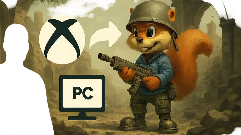 Логотипы Xbox и ПК, связанные символом обратной совместимости, с изображением Conker: Live and Reloaded.