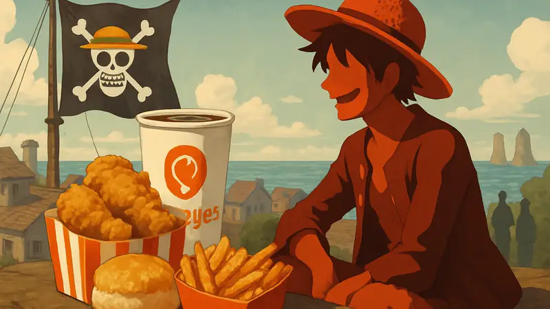 Рекламный плакат коллаборации One Piece и Popeyes с изображением Луффи и блюд