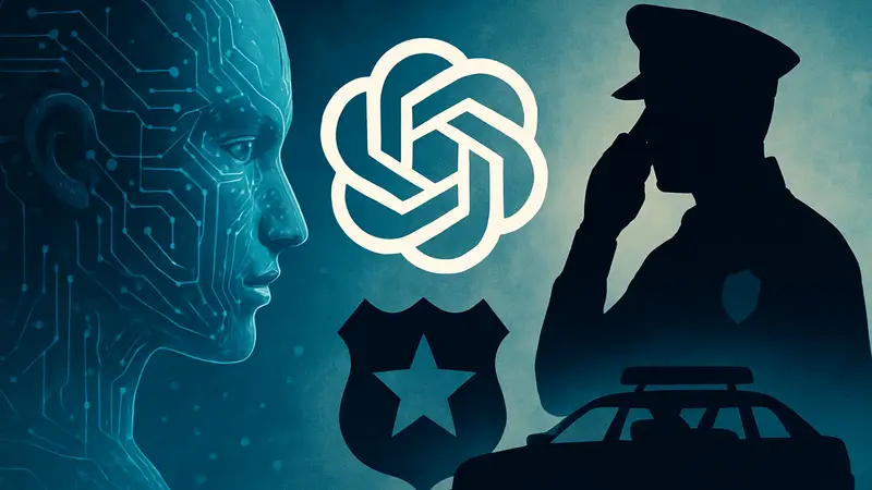 Логотип OpenAI на фоне изображения искусственного интеллекта и символов полиции