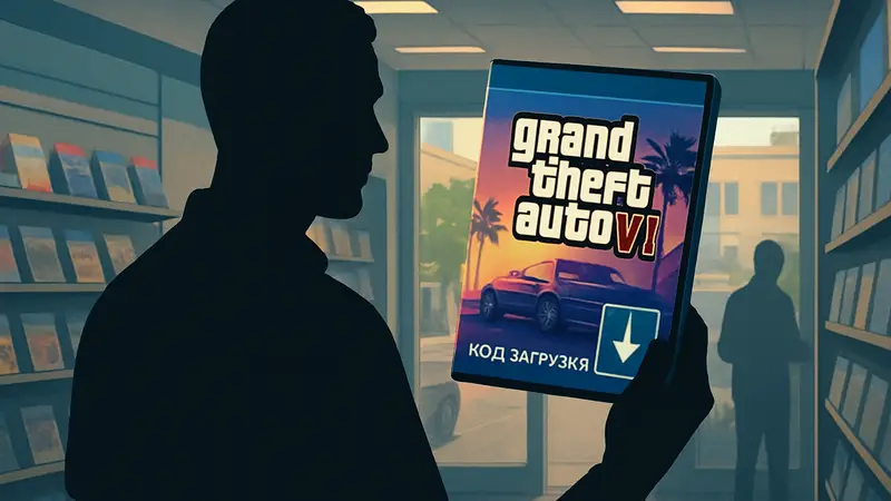 Коробка Grand Theft Auto 6 с надписью 'Код загрузки внутри' вместо 'Диск'.