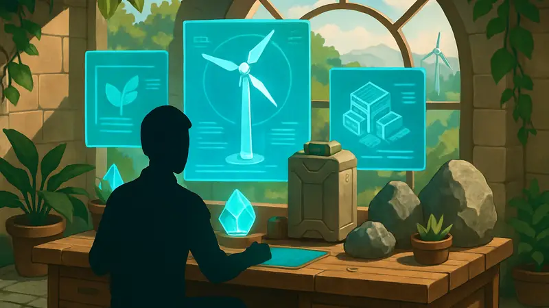 Игровой стол исследований в Solarpunk с голограммами технологий и ресурсами вокруг.