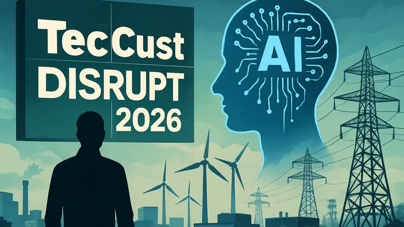 Логотип TechCrunch Disrupt 2026 и элементы, символизирующие ИИ и энергетическую инфраструктуру.
