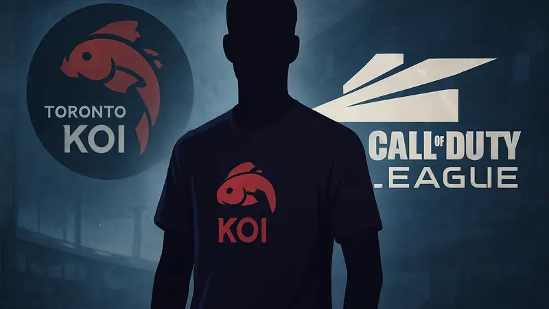 Киберспортсмен Kips в форме команды Toronto KOI на фоне символики Call of Duty League