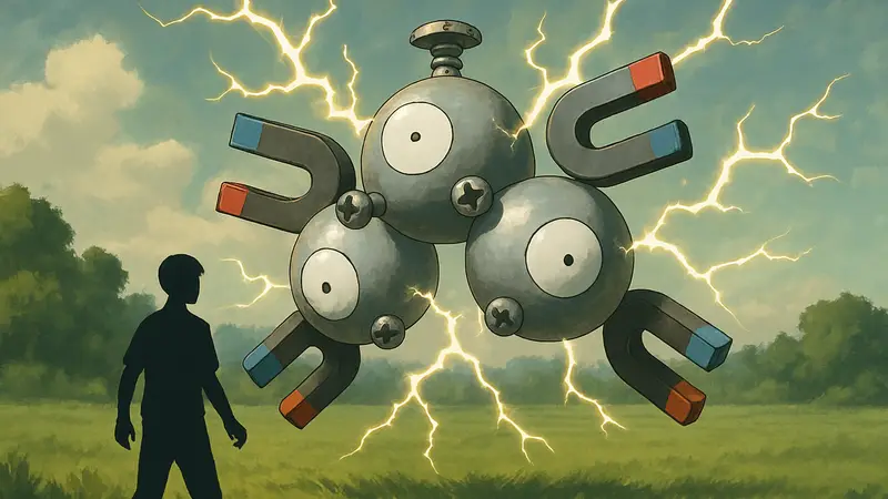 Покемон Магнетон парит в воздухе, окруженный электрическими разрядами, на фоне зеленого поля.