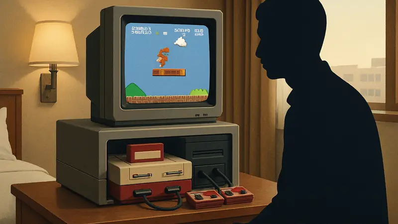 Фото редкой игровой консоли Famicombox от Nintendo, установленной в номере японского отеля.