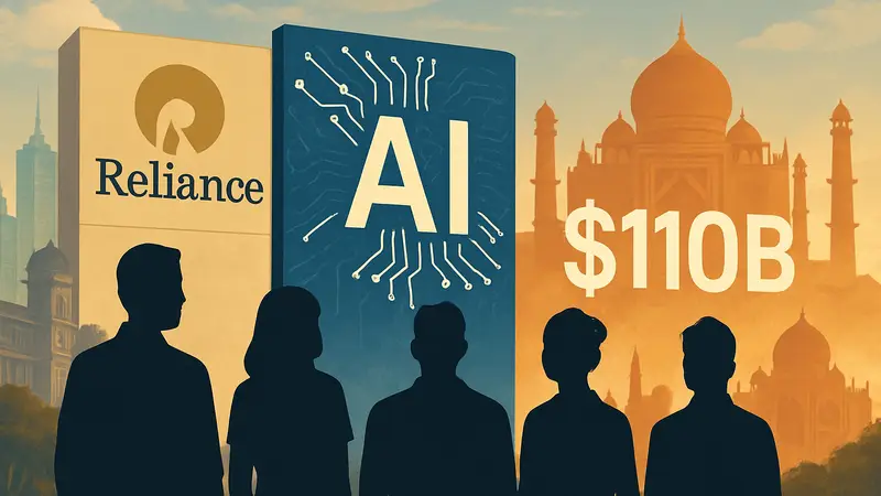 Инфографика с цифрами инвестиций Reliance в ИИ-технологии в Индии и логотипом компании.