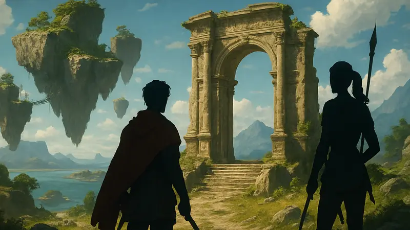 Арт из игры Crimson Desert, изображающий локации Gate to Advancement и Skypillar Archipelago с парящими островами.