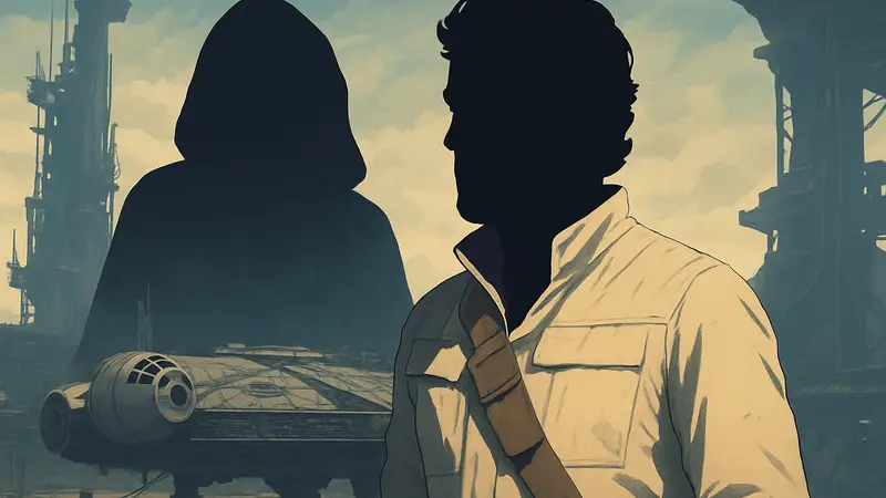 Оскар Айзек в роли По Дэмерона из "Звёздных войн", на заднем плане силуэт Палпатина.