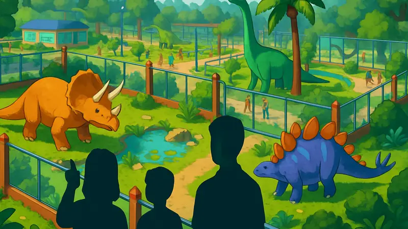 Скриншот из игры Parkasaurus с динозаврами в вольерах парка