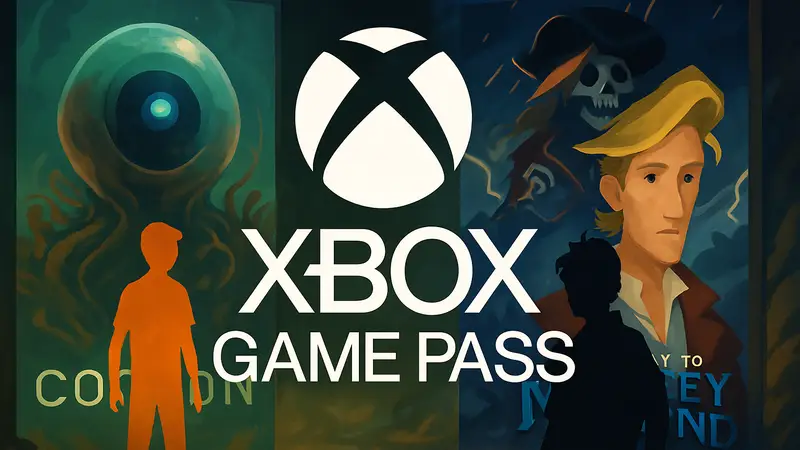 Логотип Xbox Game Pass на фоне обложек игр Cocoon и Return to Monkey Island, покидающих подписку 31 июля.